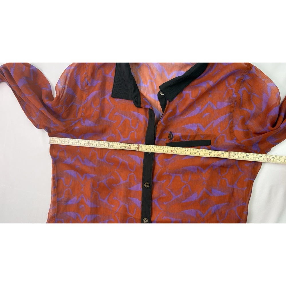 Volcom‎ Sheer Button Front Blouse Orange Purple Abstract Print Lightweight Shirt - Picture 9 of 13